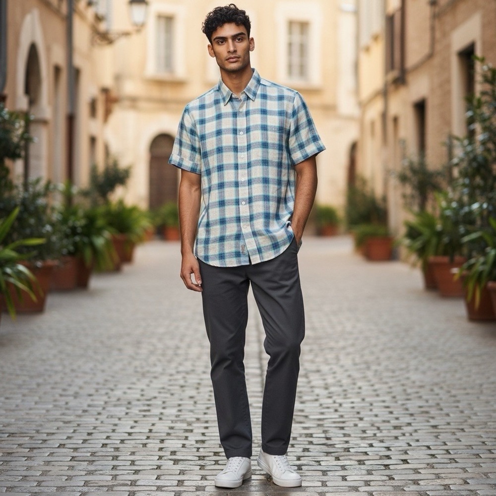 Boss Orange by Hugo Boss Mens M Shirt Blue White Plaid Print Linen Short Sleeves